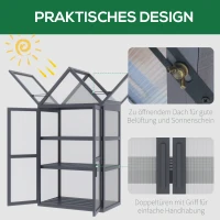 Outsunny kas met 3 planken, massief hout, behuizing van polycarbonaat, grijs, 70,5 x 42 x 132 cm(m-5)