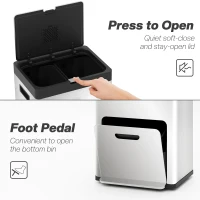 HOMCOM 56L Triple Compartment Stainless Steel Kitchen Bin, with Deodoriser Holders and Wheels - Silver Tone(m-7)