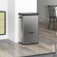 HOMCOM 56L Triple Compartment Stainless Steel Kitchen Bin, with Deodoriser Holders and Wheels - Silver Tone(m-10)