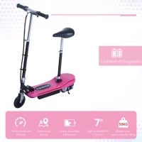 HOMCOM Trottinette électrique pliable 120 W enfant 7 à 12 ans lumière LED hauteur guidon et selle réglable 10 Km/h max. rose(m-4)