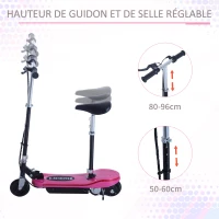 HOMCOM Trottinette électrique pliable 120 W enfant 7 à 12 ans lumière LED hauteur guidon et selle réglable 10 Km/h max. rose(m-5)