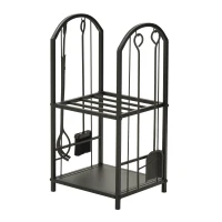 Outsunny Suport pentru Lemne cu 2 Rafturi, Lopată, Mătură și Clește, 41,5x32,5x74,5 cm, Negru(m-9)