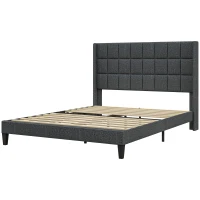 HOMCOM Cama 135x190 cm Estrutura de Cama com Cabeceira Estofada em Linho e Espaço de Armazenamento Debaixo da Cama Cinza(m-10)