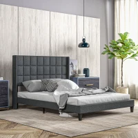 HOMCOM Cama 135x190 cm Estrutura de Cama com Cabeceira Estofada em Linho e Espaço de Armazenamento Debaixo da Cama Cinza(m-2)