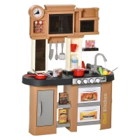 HOMCOM Cuisine pour Enfant - dinette - Jeu d'imitation Complet 58 Accessoires variés - Fonctions sonores, Simulation écoulement Eau - PP PE Marron(m-1)
