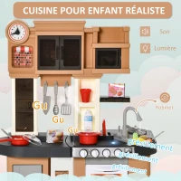 HOMCOM Cuisine pour Enfant - dinette - Jeu d'imitation Complet 58 Accessoires variés - Fonctions sonores, Simulation écoulement Eau - PP PE Marron(m-5)
