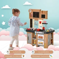 HOMCOM Cuisine pour Enfant - dinette - Jeu d'imitation Complet 58 Accessoires variés - Fonctions sonores, Simulation écoulement Eau - PP PE Marron(m-7)