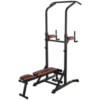HOMCOM Power Tower Pieghevole, Stazione Fitness Multifunzione Regolabile in 7 Posizioni con Sbarra Trazioni, Dip Station, Pull UP Station e Panca Piana in Acciaio, per Home Gym Casa, Portata 150kg(m-10)