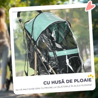 PawHut Cărucior pentru Câini Mici, Cărucior Pliabil cu Husă de Ploaie, Coș și Curea Integrată, 80x44,5x97 cm, Verde(m-6)