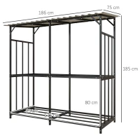 Outsunny Brandhoutrek, 2 lagen, Verzinkt Staal Dak, Metalen Frame, 186 x 75 x 185 cm, Zwart(m-3)