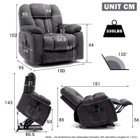 Power Lift Electric Recliner Chair with Heat and Vibration, Massage Chair with USB Ports and Side Pockets, Easy Assembly, 100x95x105 cm, Grey(m-3)