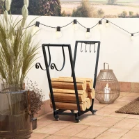 Outsunny Suporte para Lenha Metálico Lenheiro de Exterior com Rodas e Gancho para Interior e Exterior Carga 50 kg 79x30x81 cm Preto(m-8)