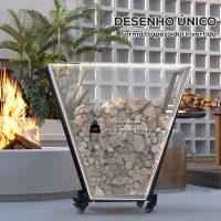 Outsunny Suporte para Lenha Metálico Lenheiro de Exterior com Rodas e Gancho para Interior e Exterior Carga 50 kg 79x30x81 cm Preto(m-4)