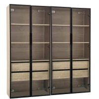 Ensemble de 2 armoires de salle de bain avec éclairage LED, 2 grands tiroirs et 2 portes, verre dépoli, 74×36×155 cm, Naturel(m-2)