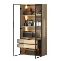 Dulap de baie cu iluminare LED, 2 sertare mari și 2 uși din sticlă, 74×36×155 cm, Negru(m-5)