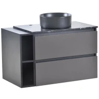 Meuble sous-lavabo suspendu 80 cm de large, avec lavabo en céramique et tiroirs, design moderne, MDF, 80×44×60,5 cm, Noir+Gris(m-2)