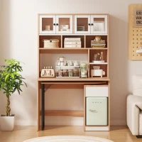 Computertisch mit Regal und Schrank, Arbeitstisch mit Acryltüren, drehbarem Design und Kabelloch, 110×55×180,7 cm, Naturfarbe+Weiß(m-1)