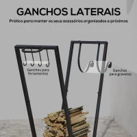 Outsunny Suporte para Lenha Metálico Lenheiro de Exterior com Rodas e Gancho para Interior e Exterior Carga 50 kg 79x30x81 cm Preto(m-7)
