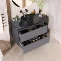 Mobile sospeso per lavabo 80 cm di larghezza, con lavabo in ceramica e cassetti, design moderno, MDF, 80×44×60,5 cm, Nero + Grigio(m-4)