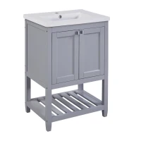 Badmöbel, Einzelwaschtisch mit Unterschrank, 61 cm, Keramik-Waschbecken, leicht zu reinigen, bodenstehendes Design, Anti-Rutsch-Pads, wasserdicht, 61×46×90 cm, Grau+Weiß(m-2)