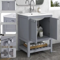 Badmöbel, Einzelwaschtisch mit Unterschrank, 61 cm, Keramik-Waschbecken, leicht zu reinigen, bodenstehendes Design, Anti-Rutsch-Pads, wasserdicht, 61×46×90 cm, Grau+Weiß(m-5)