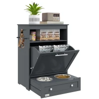 PawHut Pet Feeder Station, Dog, Cat Storage Container, with Raised Bowls, Hanger, Cabinet - Grey(m-1)