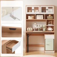 Computertisch mit Regal und Schrank, Arbeitstisch mit Acryltüren, drehbarem Design und Kabelloch, 110×55×180,7 cm, Naturfarbe+Weiß(m-5)