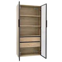 Armoire de salle de bain avec éclairage LED, 2 grands tiroirs et 2 portes en verre, 74×36×155 cm, Naturel(m-9)