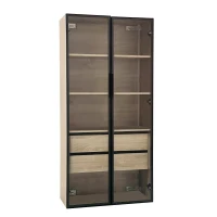 Armoire de salle de bain avec éclairage LED, 2 grands tiroirs et 2 portes en verre, 74×36×155 cm, Naturel(m-2)