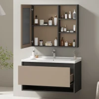 Badmöbel Set, Hängender Waschbeckenunterschrank, 90 cm lang, mit Keramik-Waschbecken, Schubladen und Spiegelschrank, Einfache Montage, Großzügiger Stauraum, Grau(m-5)