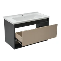 Badmöbel Set, Hängender Waschbeckenunterschrank, 90 cm lang, mit Keramik-Waschbecken, Schubladen und Spiegelschrank, Einfache Montage, Großzügiger Stauraum, Grau(m-11)