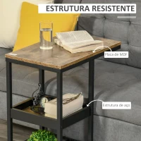 HOMCOM Mesa Auxiliar Industrial em Forma de C com Rodas Prateleiras Abertas e Estrutura de Aço 51x33x66 cm Marrom Escuro e Preto(m-7)