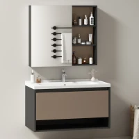 Badmöbel Set, Hängender Waschbeckenunterschrank, 90 cm lang, mit Keramik-Waschbecken, Schubladen und Spiegelschrank, Einfache Montage, Großzügiger Stauraum, Grau(m-4)