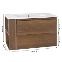 Meuble sous-lavabo suspendu 75,6 cm de longeur, avec lavabo en céramique, tiroirs, design moderne, veinure de bois brun, étanche, Marron(m-3)