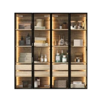 Ensemble de 2 armoires de salle de bain avec éclairage LED, 2 grands tiroirs et 2 portes, verre dépoli, 74×36×155 cm, Naturel(m-5)