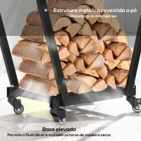 Outsunny Suporte para Lenha Metálico Lenheiro de Exterior com Rodas e Gancho para Interior e Exterior Carga 50 kg 79x30x81 cm Preto(m-5)
