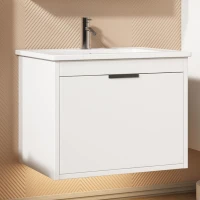 Meuble sous-lavabo suspendu 59 cm de longeur, avec lavabo en céramique et tiroirs, design moderne, 59×46,5×47 cm,Blanc(m-5)