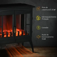 HOMCOM Lareira Elétrica 1000W/2000W com Luzes LED Chamas Realistas e Proteção Contra Superaquecimento para 15-20 ㎡ 60x37x60,5 cm Preto(m-5)