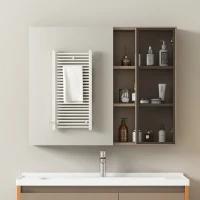 Armoire de salle de bain avec étagères, design en cadre métallique, armoire de rangement derrière le miroir, 80×12×75 cm,Brun clair(m-1)