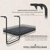 Outsunny Balkon Hangtafel, inklapbaar, in hoogte verstelbaar, aluminium frame, kunststof tafelblad, houtlook, zwart(m-4)