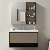 Badmöbel Set, Hängender Waschbeckenunterschrank, 90 cm lang, mit Keramik-Waschbecken, Schubladen und Spiegelschrank, Einfache Montage, Großzügiger Stauraum, Grau(m-1)