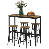 HOMCOM 5 Piece Bar Table Set with 4 Stools, Industrial Bar Table and Stool Set, Dining Table and Chair Set, Rustic Brown(m-11)