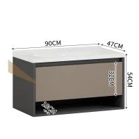 Waschbeckenunterschrank, hängend, 90 cm lang, mit Keramik-Waschbecken und Schubladen, modernes Design, großer Stauraum, Grau(m-3)