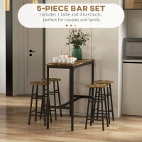 HOMCOM 5 Piece Bar Table Set with 4 Stools, Industrial Bar Table and Stool Set, Dining Table and Chair Set, Rustic Brown(m-4)