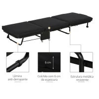 HOMCOM Cama Dobrável 184x65 cm Cama Dobrável Ajustável em 5 Níveis Rodas Universáis e Estrutura de Metal Carga 120 kg Preto(m-6)
