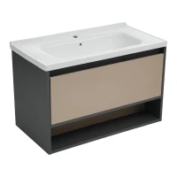 Waschbeckenunterschrank, hängend, 90 cm lang, mit Keramik-Waschbecken und Schubladen, modernes Design, großer Stauraum, Grau(m-2)