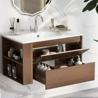 Meuble sous-lavabo suspendu 75,6 cm de longeur, avec lavabo en céramique, tiroirs, design moderne, veinure de bois brun, étanche, Marron(m-4)