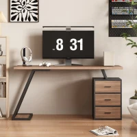 Bureau de travail avec 3 tiroirs, bureau industriel, 140×59,5×75 cm, MDF, fonction Soft-Close, grand espace de rangement, ﻿Brun foncé(m-1)