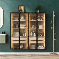 Ensemble de 2 armoires de salle de bain avec éclairage LED, 2 grands tiroirs et 2 portes, verre dépoli, 74×36×155 cm, Naturel(m-1)