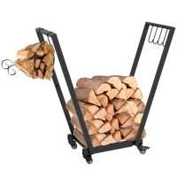 Outsunny Suporte para Lenha Metálico Lenheiro de Exterior com Rodas e Gancho para Interior e Exterior Carga 50 kg 79x30x81 cm Preto(m-10)